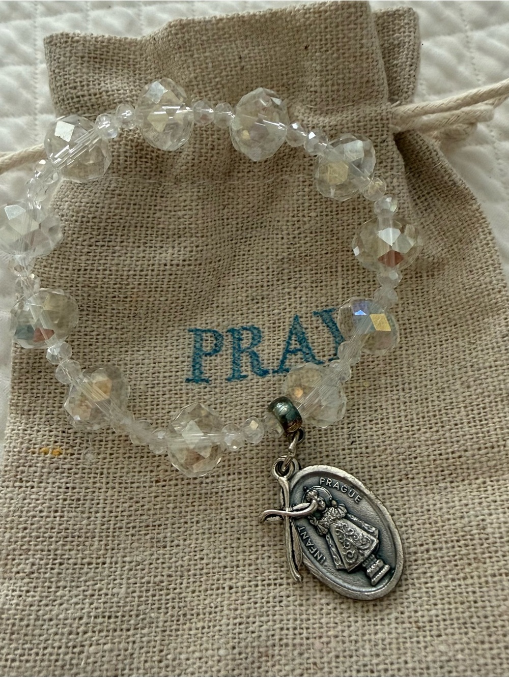 Prague Clear Crystal Beaded Bracelet with Rosary Charm